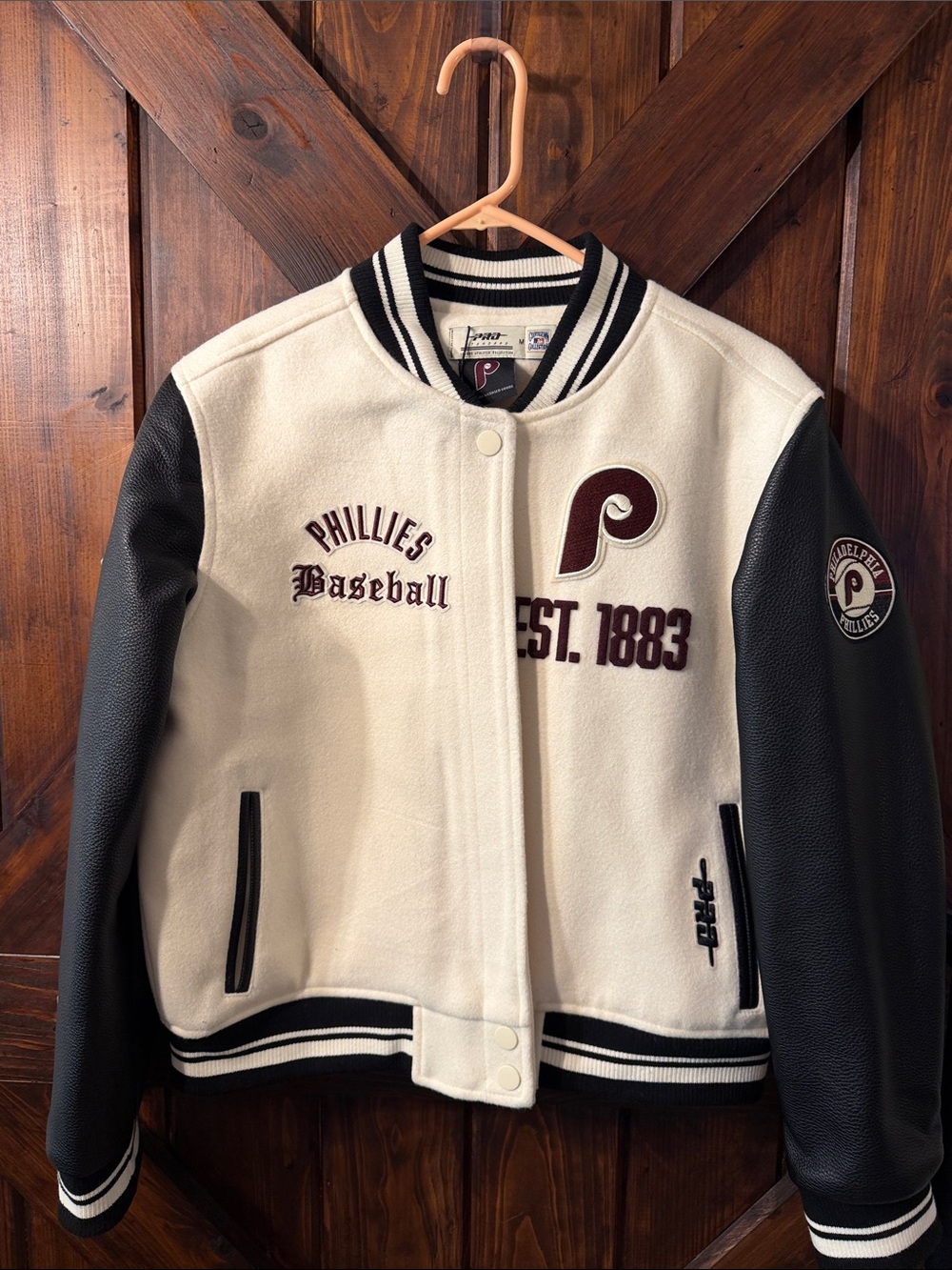 Philadelphia Phillies Cream & Black Varsity Bomber Jacket